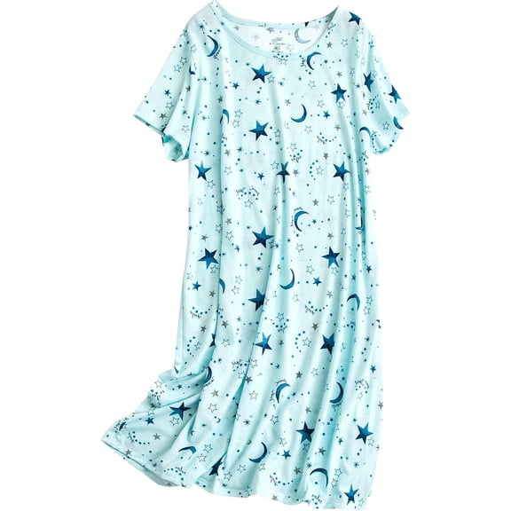 FOREEMME Womens Nightgowns Cotton Sleep Shirts Cartoon Printed Sleepwear Short Sleeves Night Gown Dress Casual Pajamas XL Cloud Moon