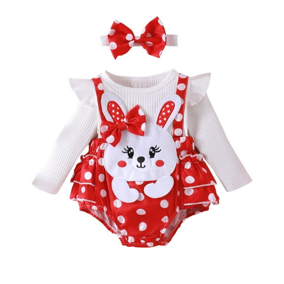Atogsazn Newborn Baby Girls Romper Ruffle Long Sleeve Jumpsuit and Suspender Skirts with Headband Clothes Red 1-3 Months