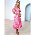 thumbnail image 2 of Women'S Summer Casual Midi Dress Puffy Short Sleeve Square Neck Smocked Tiered Ruffle Dresses Pink Flowers S, 2 of 5