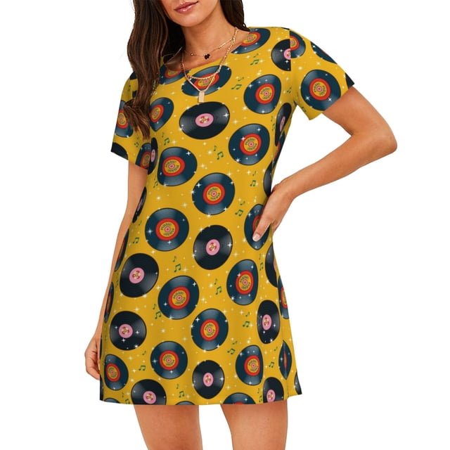 Kdxio Chemise de Nuit Rétro Imprimé Disques Vinyles pour Femmes Manches Courtes Chemise de Nuit Décontractée Imprimée Robe de Nuit Ample Confortable Pyjama
