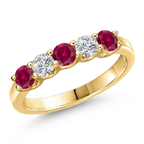 Gem Stone King 10K Yellow Gold Red Created Ruby and Lab Grown Diamond Wedding-Bands Ring for Women | 1.09 Cttw | Round 3.5MM | Gemstone July Birthstone | Size 6