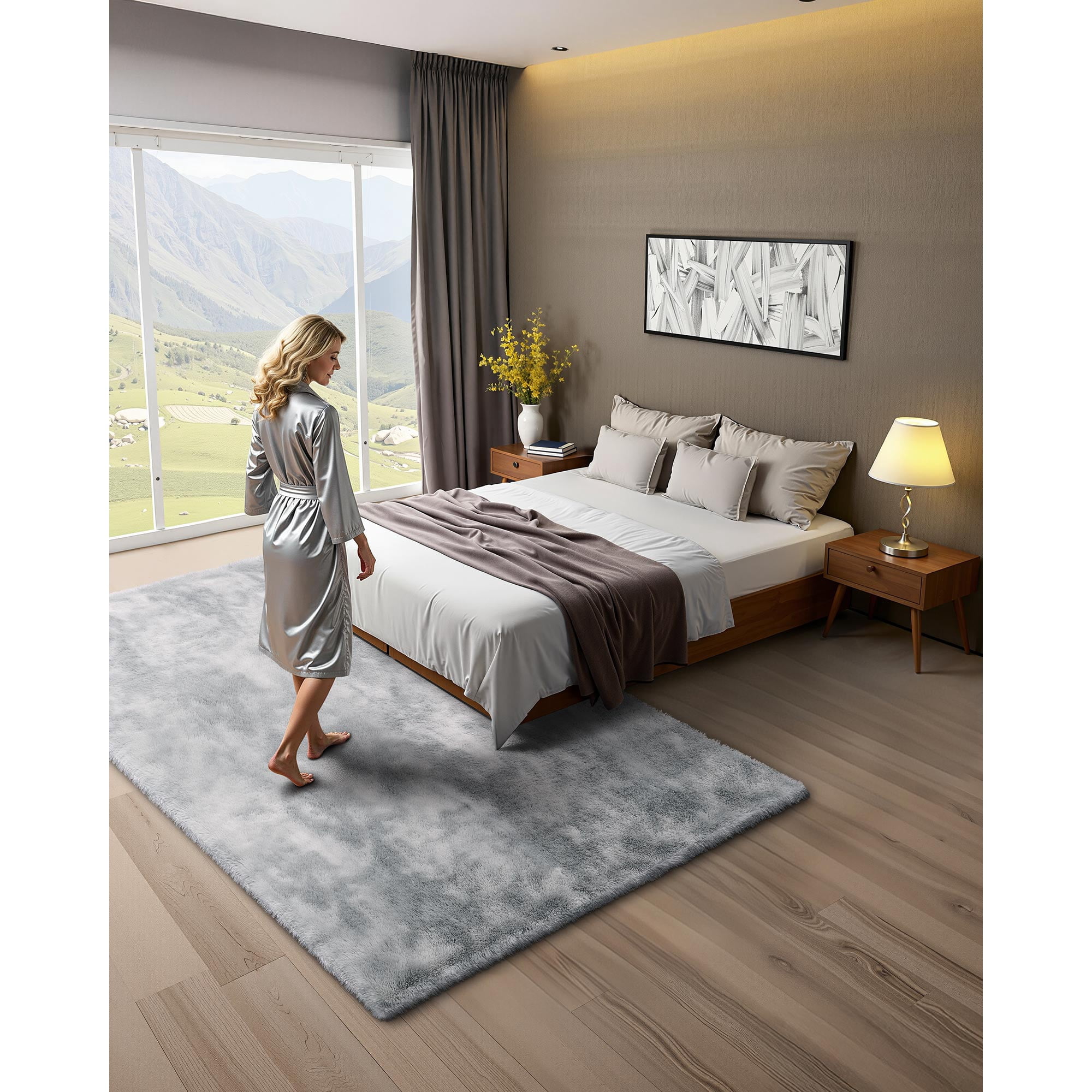 KFFKFF Indoor Plush Area Rugs, 6 x 9 ft Soft Carpet, Furry Shag Rugs for Living Room, Bedroom, Modern Home Decor, Long-Pile Design, Non-Shedding, Slip-Resistant, Tie-Dye Light Gray