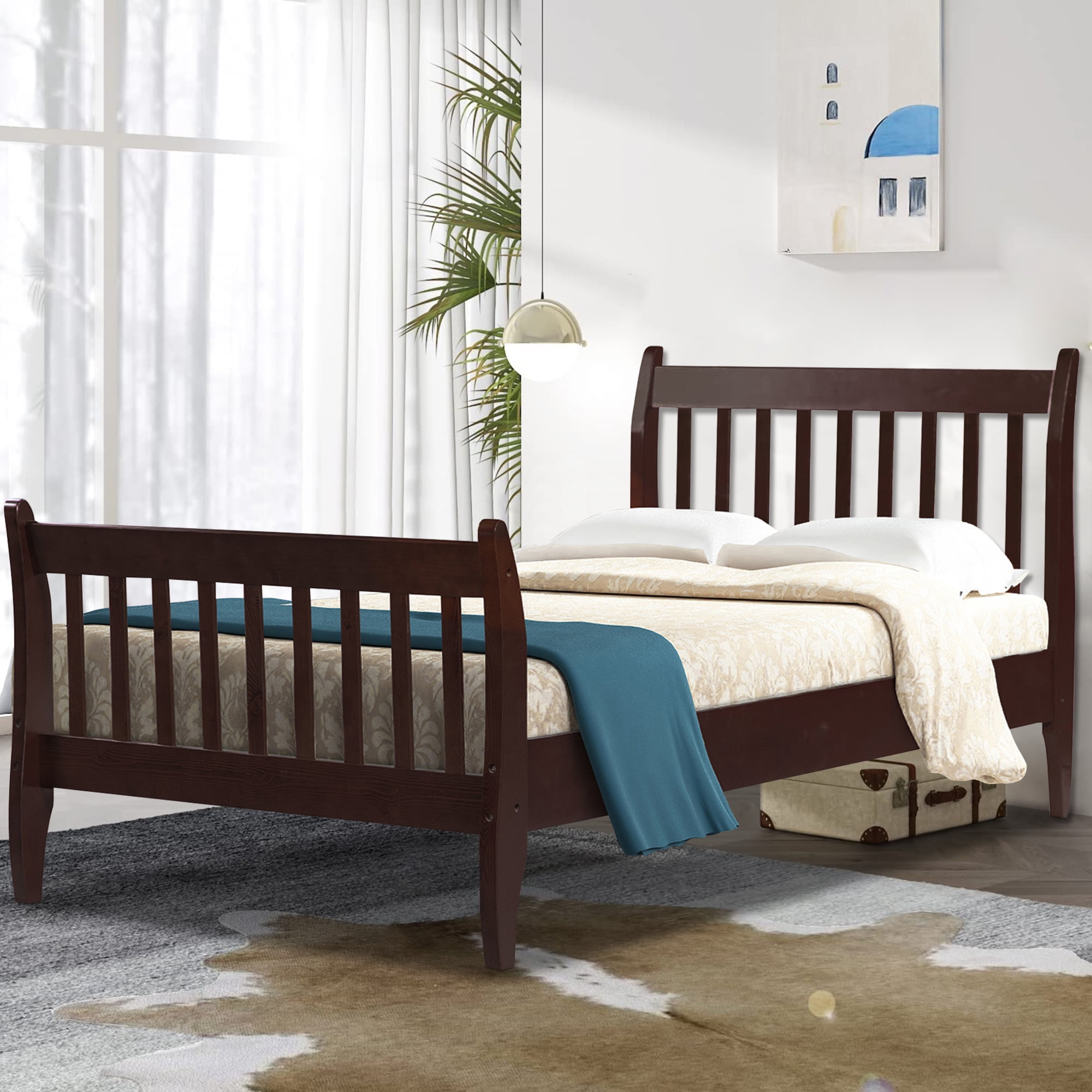 SYNGAR Twin Size Wood Platform Bed Frame with Headboard and Footboard