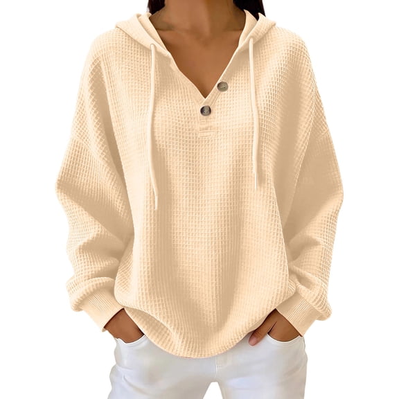 Perfectbot Women Waffle Knit Henley Hoodie, Long Sleeve Drawstring Pullover Fall Casual Sweatshirt