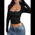 thumbnail image 2 of Camisas de Cuello Cuadrado para Mujer, Camisetas de Larga Ajustadas para Salir Negro S, 2 of 7
