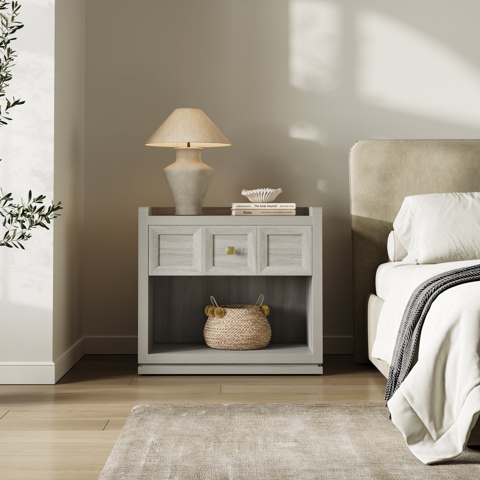 SICOTAS 26" W Farmhouse Nightstands Set of 2, Big nightstands with Drawer & Open Shelves, Large Bedside Table, End table for Bedroom, Living Room, White Oak