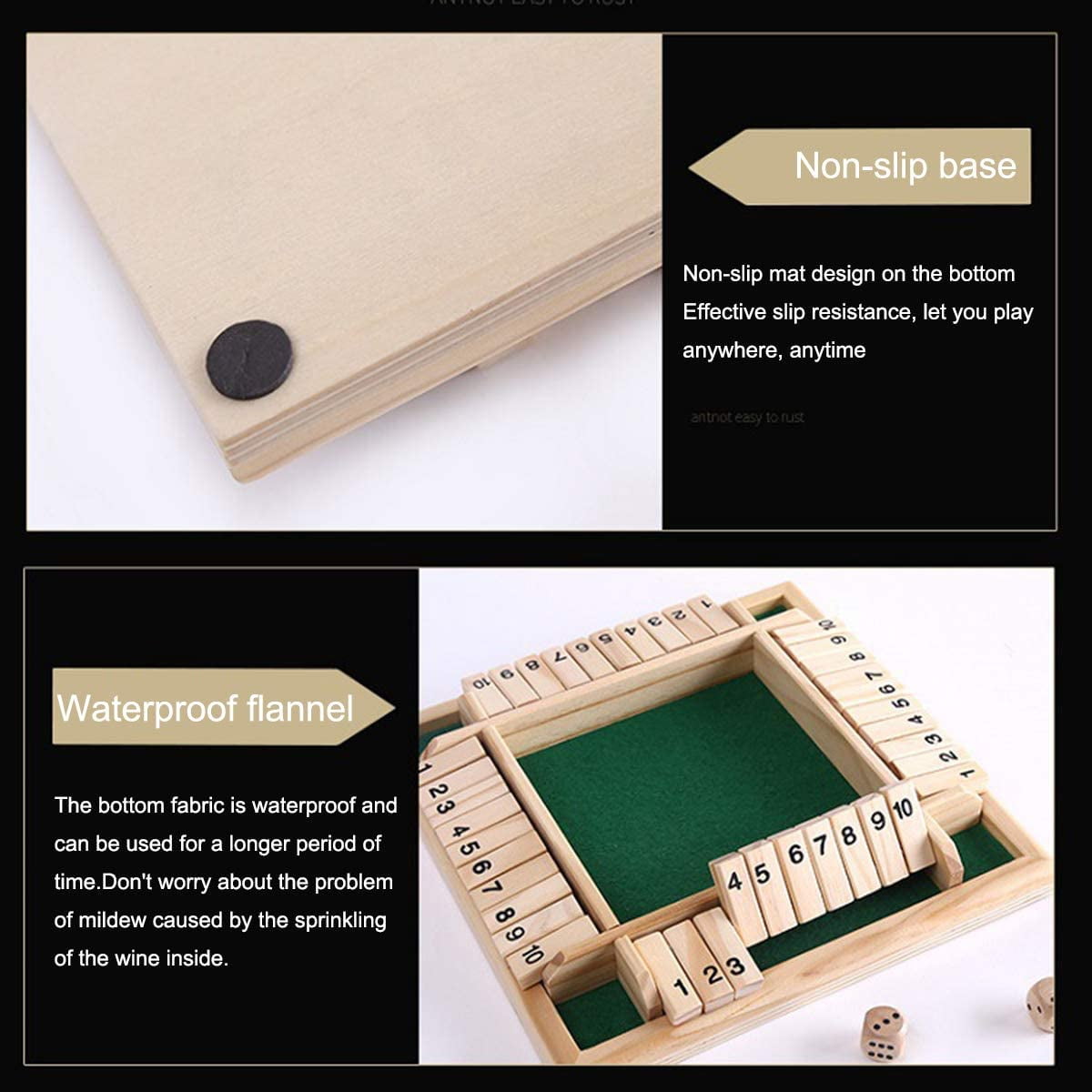 Jeu De Société "Shut The Box" En Bois - 4 Joueurs, 8 Dés, Éducatif Mathématique, 22.5x22.5x3.5cm