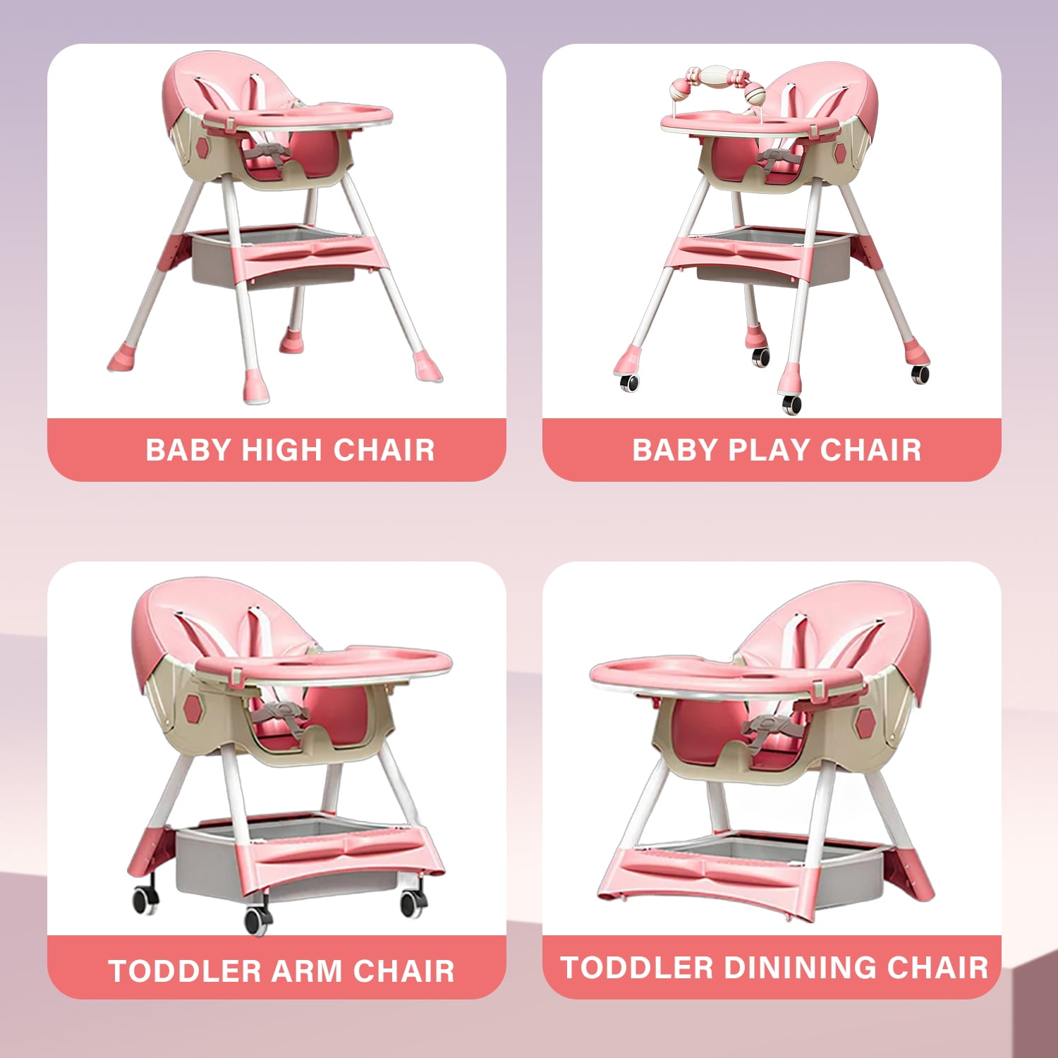 XunKA 4-in-1 Baby High Chair, Portable Fortable Toddler Dining Chair Eat & Play with Double-Layer Dinner Plate and Toy Rack for 6-36 Month, Pink.