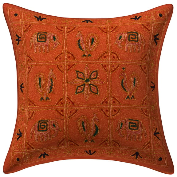 Stylo Culture Ethnic Couch Throw Pillow Cover 16x16 Sequins Gold Thread Embroidered Orange Indian 40 x 40 cm Home Decor Cotton Elephant Square Cushion Cover | 1 Pc