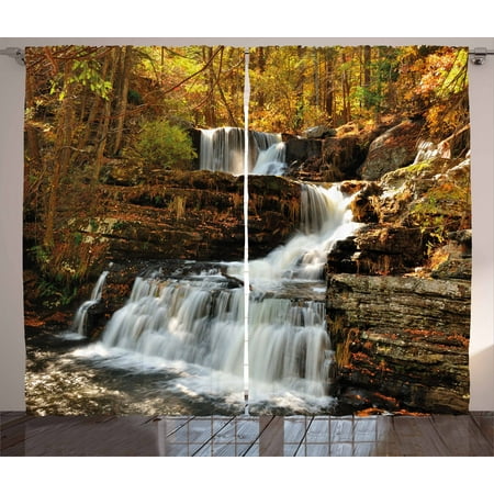 Cascade Office Set United States Curtains 2 Panels Set, Upper Falls at Delaware Water Gap Autumn Nature Forest Scenery Cascade, Window Drapes for Living Room Bedroom, 108W X 84L Inches, Brown Green White, by Ambesonne ()