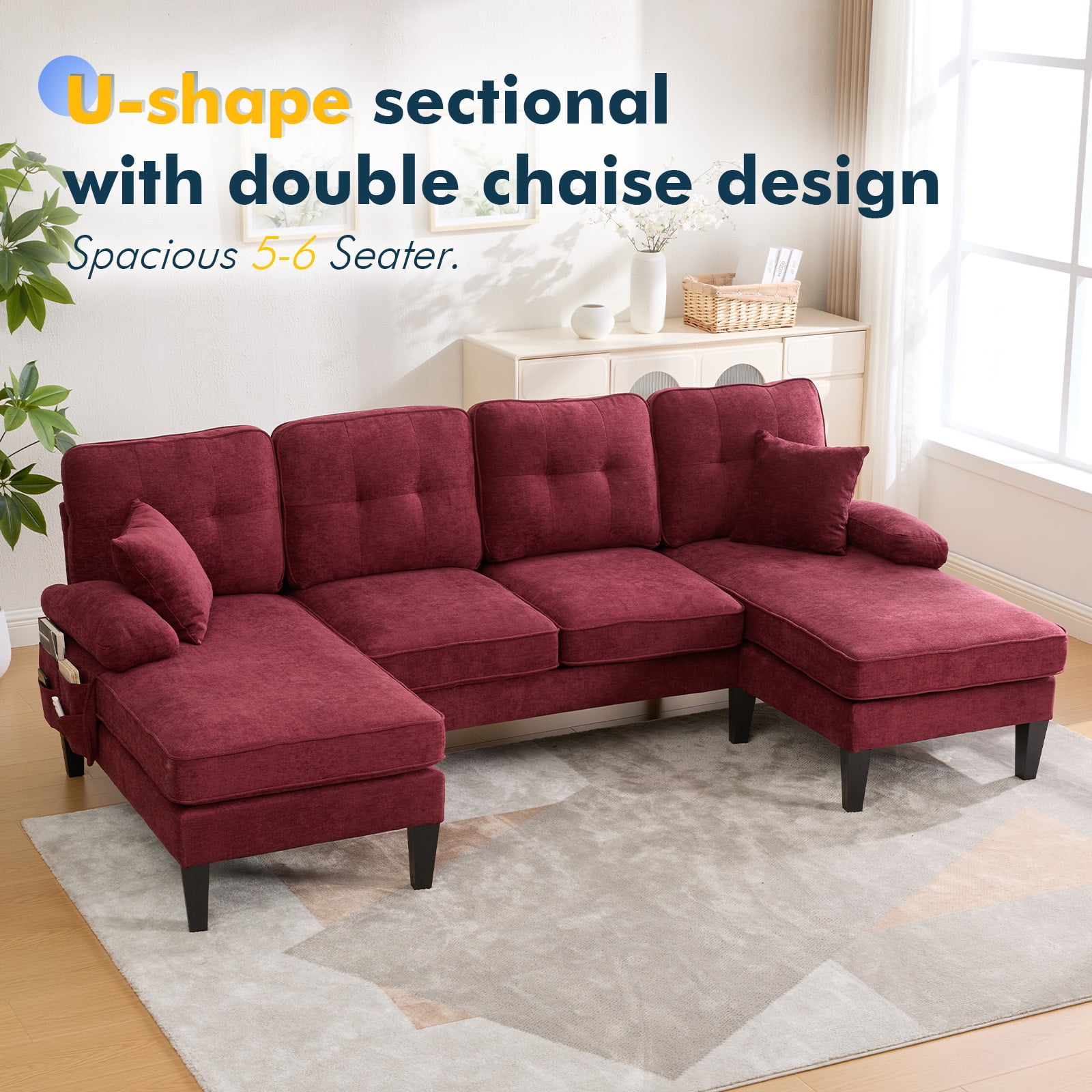 MOONMISS U-shaped Sectional Sofa,sectional Couches With Double Chaise,linen Fabric Couch For Living Room,Wine Red