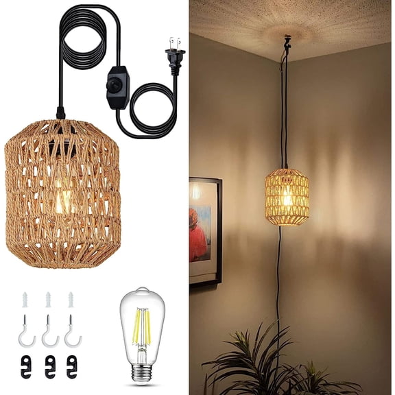 Boho Style Rattan Plug-In Pendant Light with 16ft Dimmable Cord and LED Bulb.