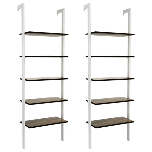 Gymax 2PCS 5-Tier Ladder Shelf Wood Wall Mounted Display Bookshelf Metal Frame White & Brown