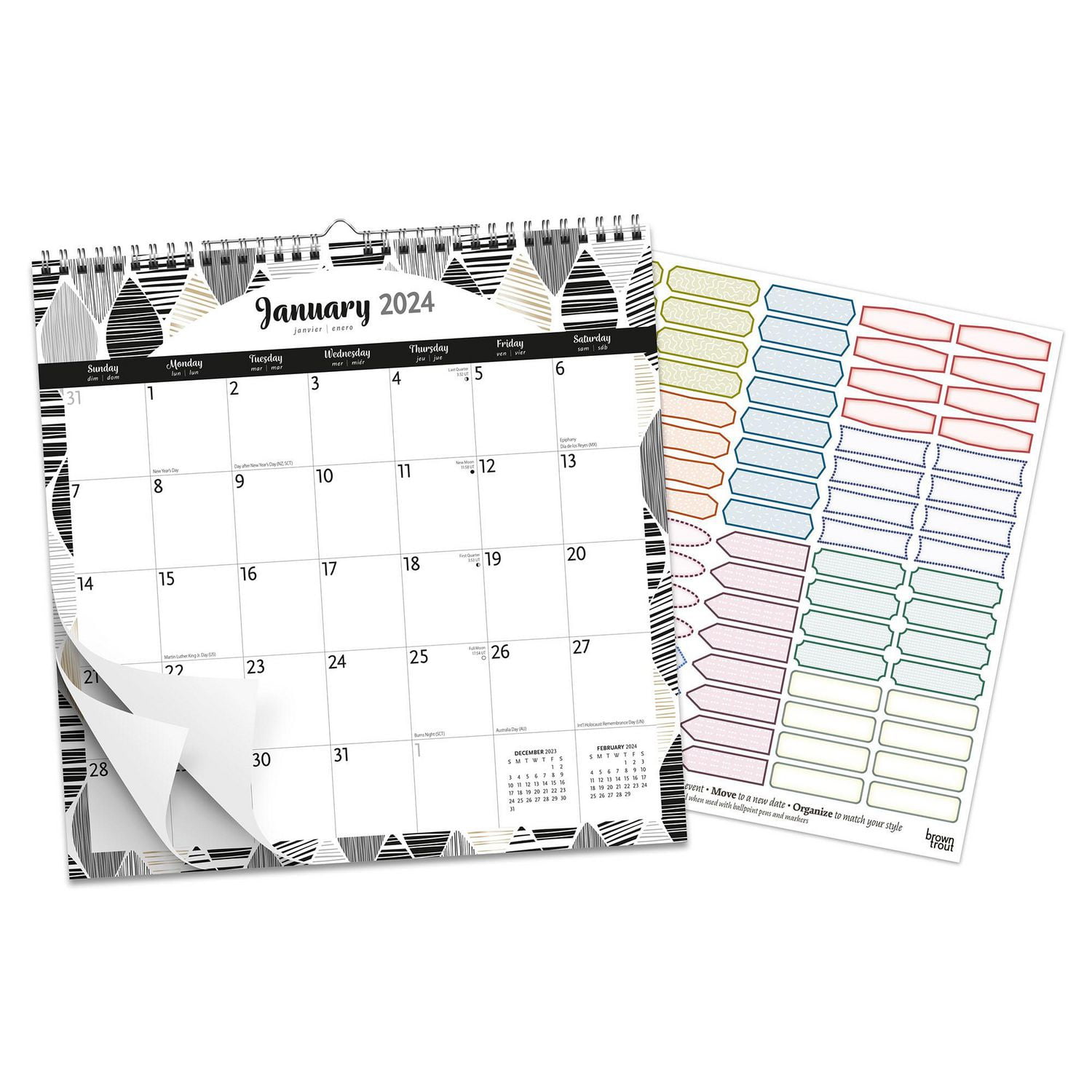 BrownTrout Ebony and Ivory 2024 12x12 Inch Wire-O Wall Calendar, 9781975470586