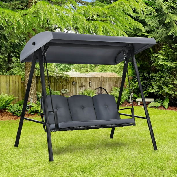 Costway Outdoor 3Seat Porch Swing with Adjust Canopy and Cushions Gray