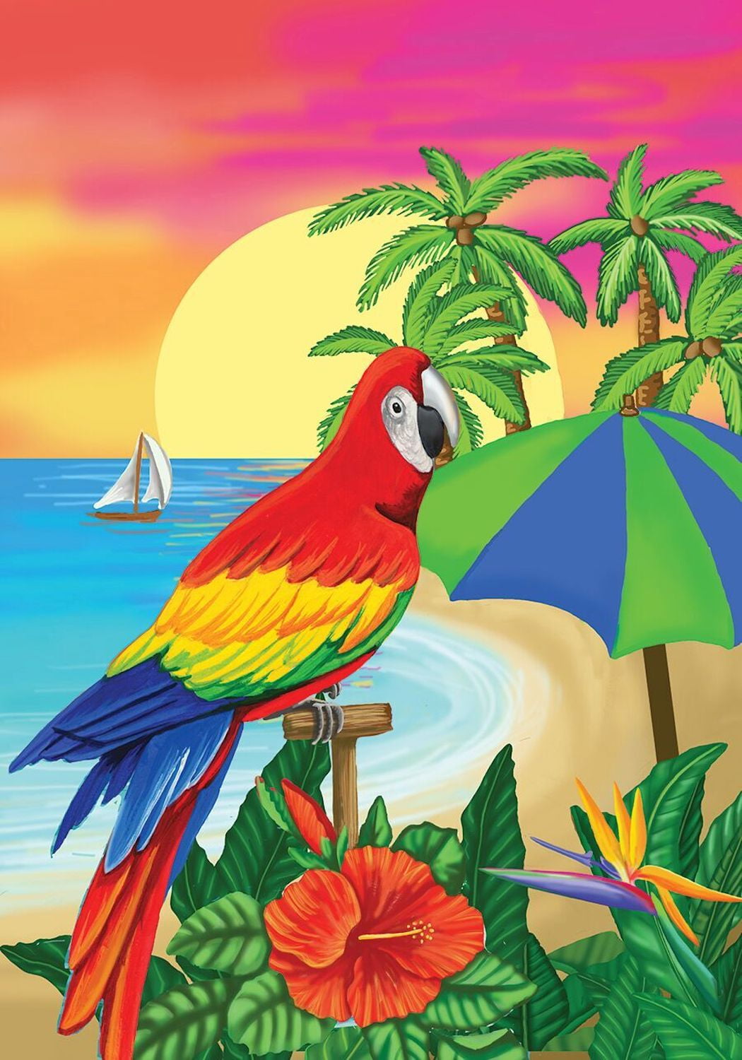 Paradise Parrot Summer Garden Flag Tropical Island Sailboat Palm Trees 12.5"x18" 