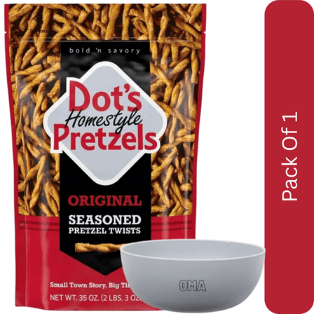 Dot’s Homestyle Pretzels Original Seasoned Pretzel Twists, 35 oz, With Olive White Bowl By OMA