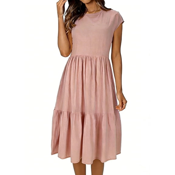 Htigea Womens Linen Knee Length Dresses Crewneck Cap Sleeve Pleated Tiered Dress Boho Casual Loose Fit Beach Sundress Pink S