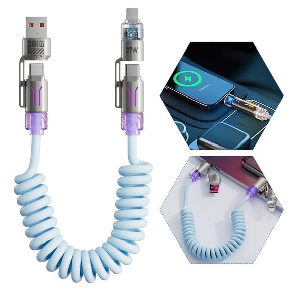 4 in 1 Spring Fast Charging Cable, 240W USB-C PD Multi Fast Charging, 1.2m/5ft Coiled Retractable Cable, Blue