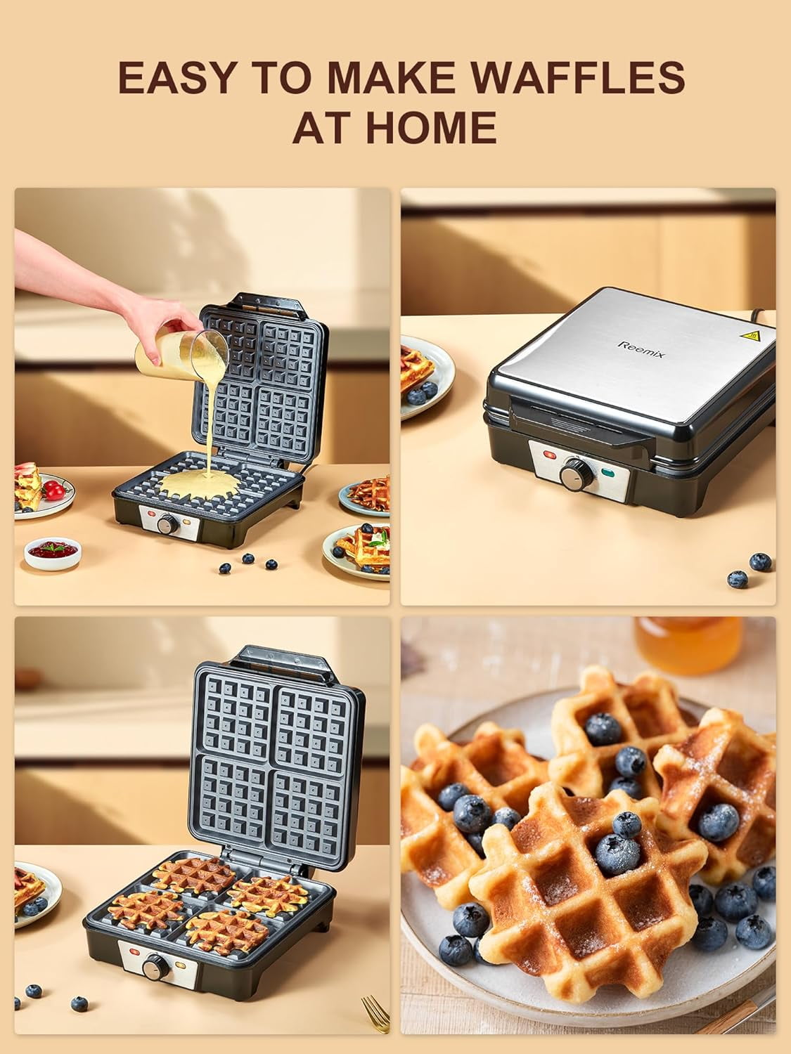 Reemix Belgian Waffle Maker, 4-Slice, 1200W Non-Stick Waffle Iron with Browning Control, Indicator Lights, Cool-Touch Handle, Silver/Black