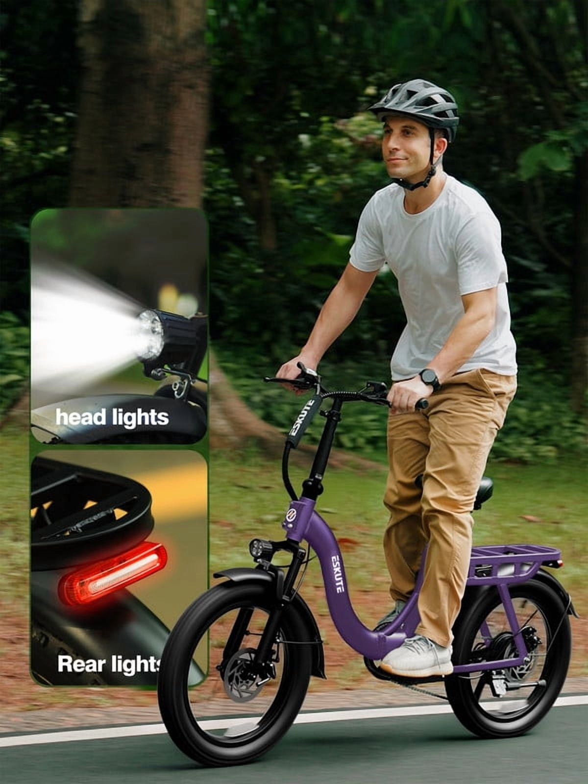 ESKUTE D200 Electric Bike for Adults 1200W Peak Motor 28 Mph, Folding Fat Tire E‑Bike, 48V 10.4Ah Up to 55 Miles, with 7‑Speed Step‑Through Cargo Fold E Bicycle, NFC Unlock, Purple with Lock, UL2849