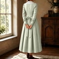 thumbnail image 6 of KICILVS Victorian Costume Women V Neck Long Sleeve Ruffle Trim Cuff Swing A Line Dress Renaissance Cosplay Outfit, 6 of 9