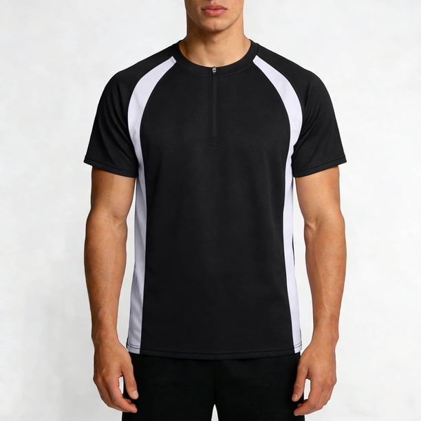 Ceisia Men's Athletic Short Sleeve T-shirt Color Block Round Neck Fitness Basketball Training Sport Tee Tops Black L Gifts