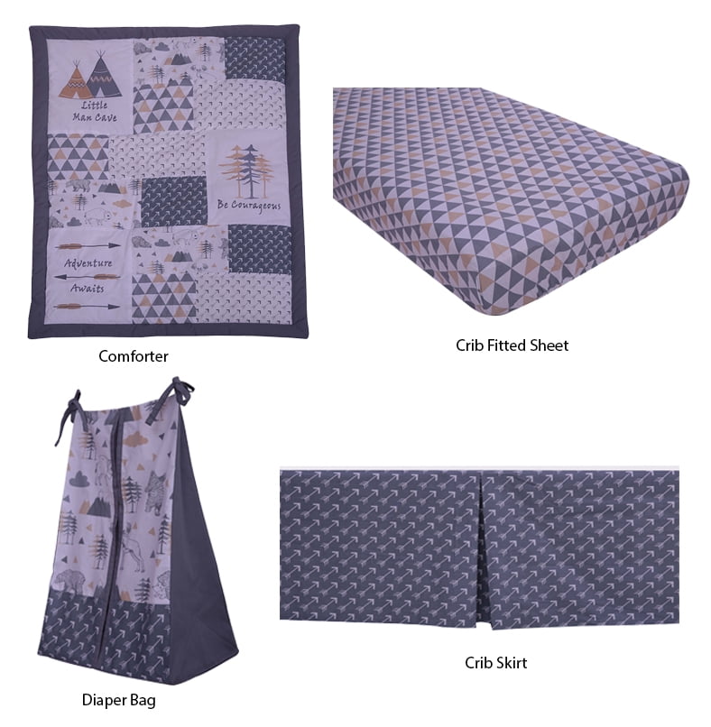 Bacati - Woodlands Grey/Beige Neutral Cotton Crib set with Diaper Stacker, 4 Pcs