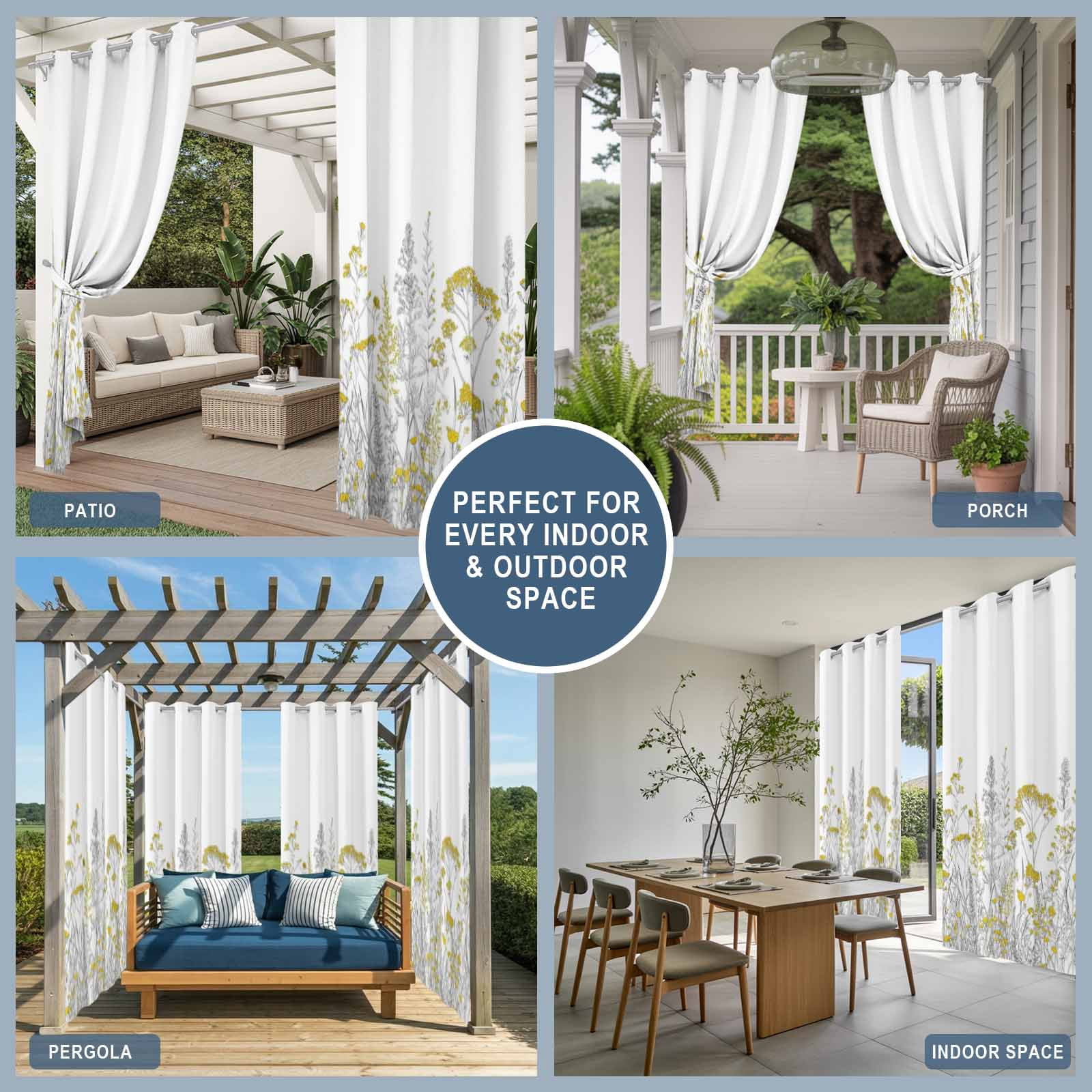 Yellow Wildflowers Outdoor Curtains for Patio, Rustic Botanical Flower Country Gray Plant Sunshade Privacy Drapes Grommet Waterproof Outside Curtains for Porch/Cabana/Balcony 54"x 108", 1 Panel