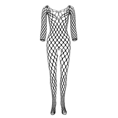kakina CMSX Clearance Womens Lingerie Fishnet Open Crotch Seamless Mesh Netting Stockings Chemise Hollow Out Babydoll Bodysuit Sleepwear Black  Free Size
