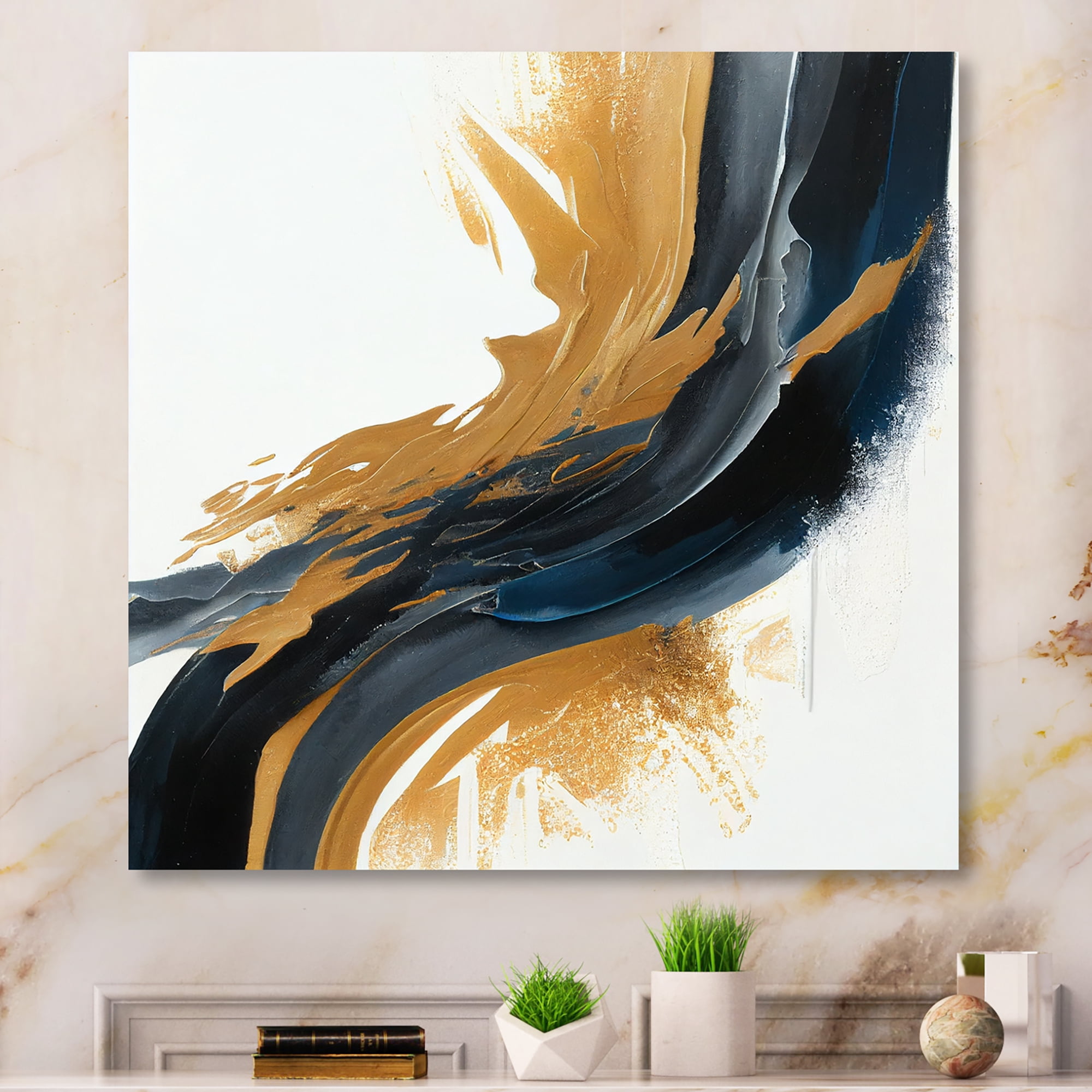 Designart Blue And Gold Swirl Abstract II Canvas Wall Art