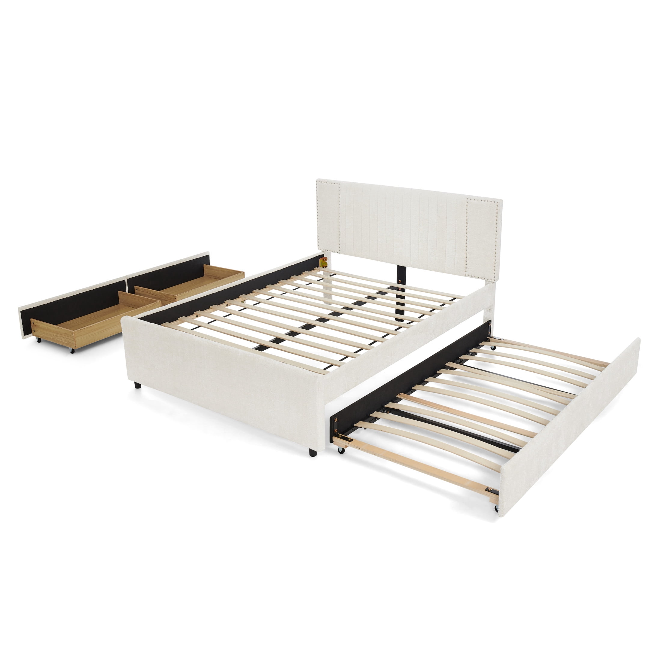 Noble House Luxen Queen Chenille Upholstered Bed, Vertical Tufted Daybed with Pull-out Trundle and Storage Drawers, Beige