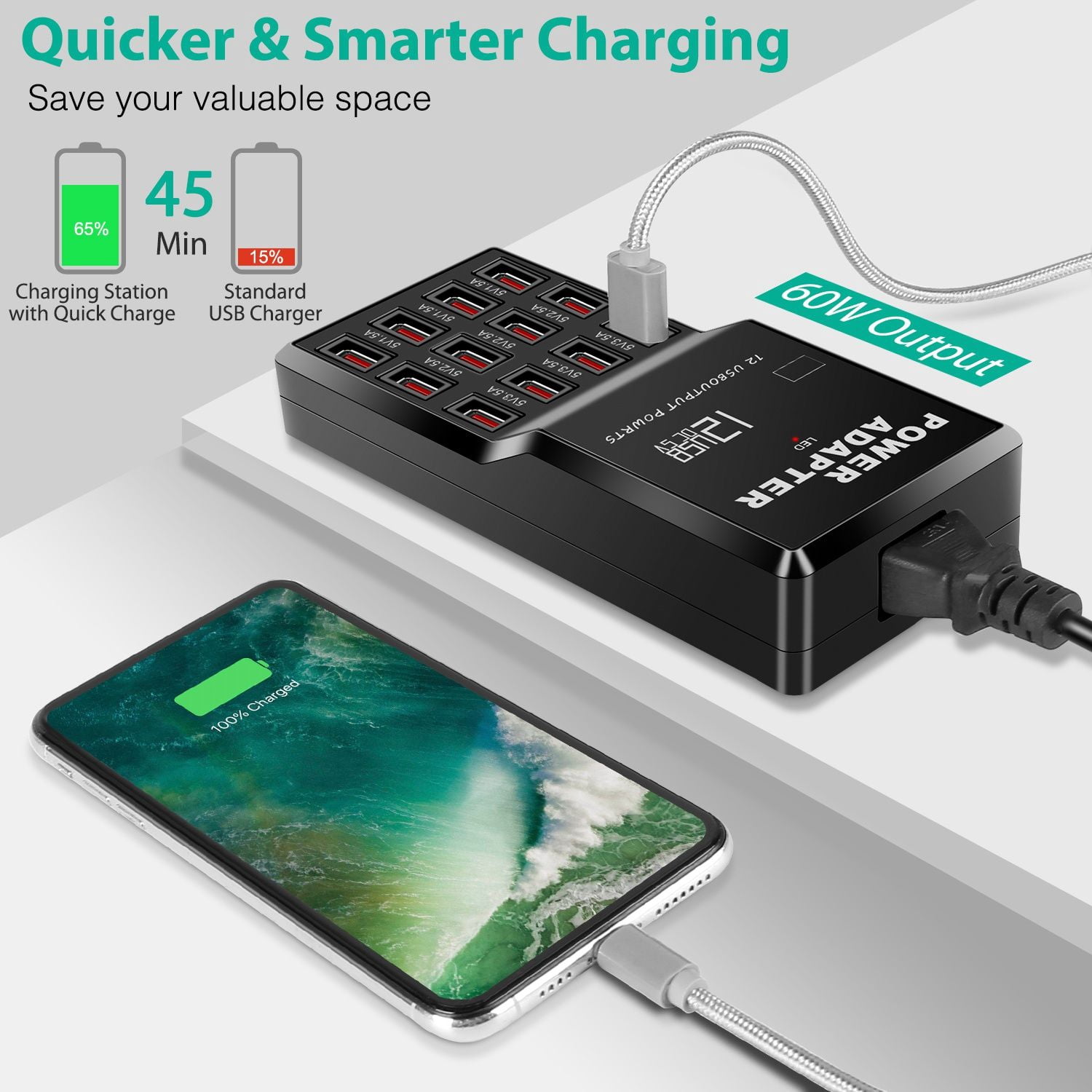 12-Port USB Charging Station 60W - Fast 3.5A Per Port Desktop Hub with Smart IC, Overload Protection for iPhone/iPad/Camera - Compact 6.7" Family Power Strip