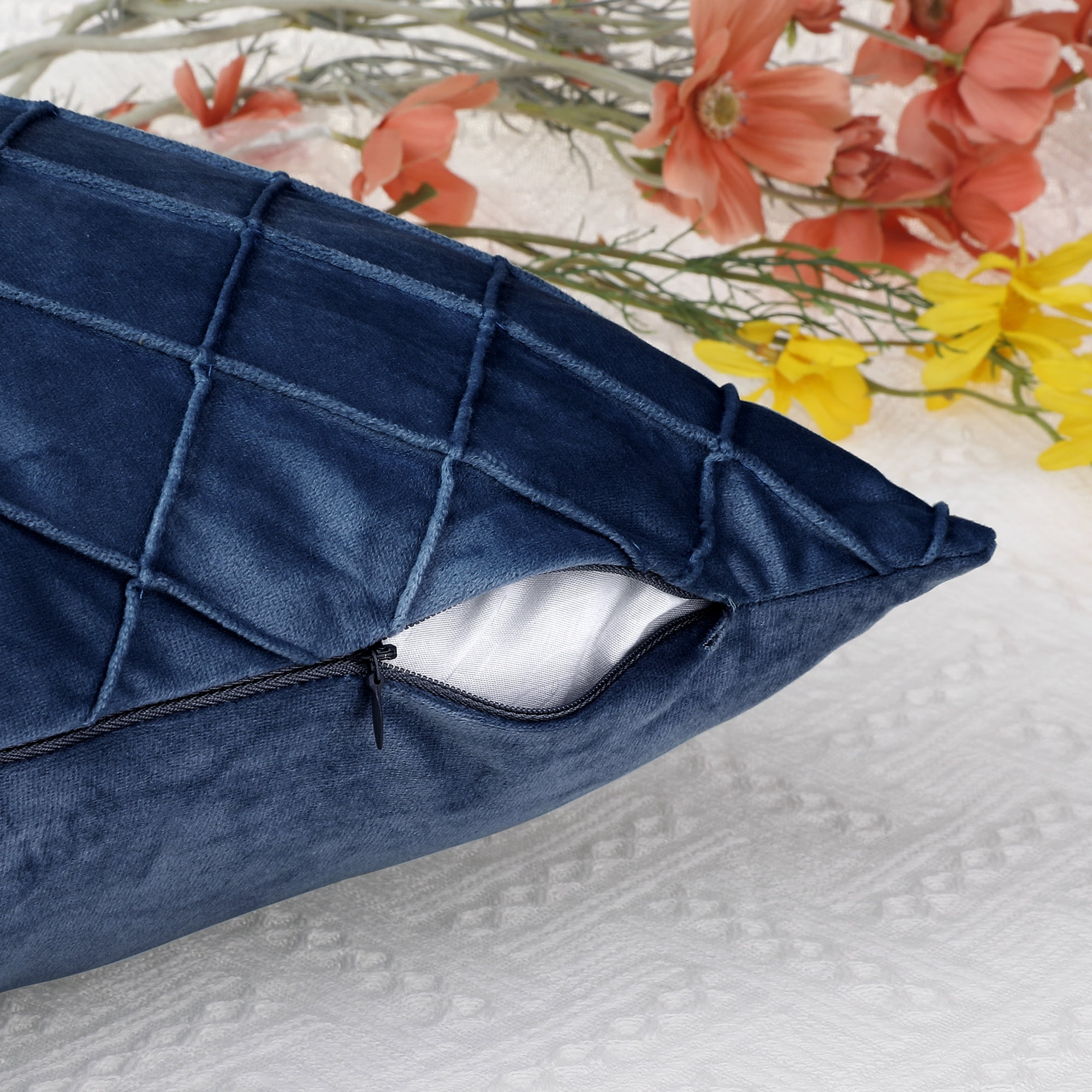 Unique Bargains Velvet Decorative Pillow Covers Geometric Textured Cushion Covers 2 Pcs Navy Blue 12" x 20"