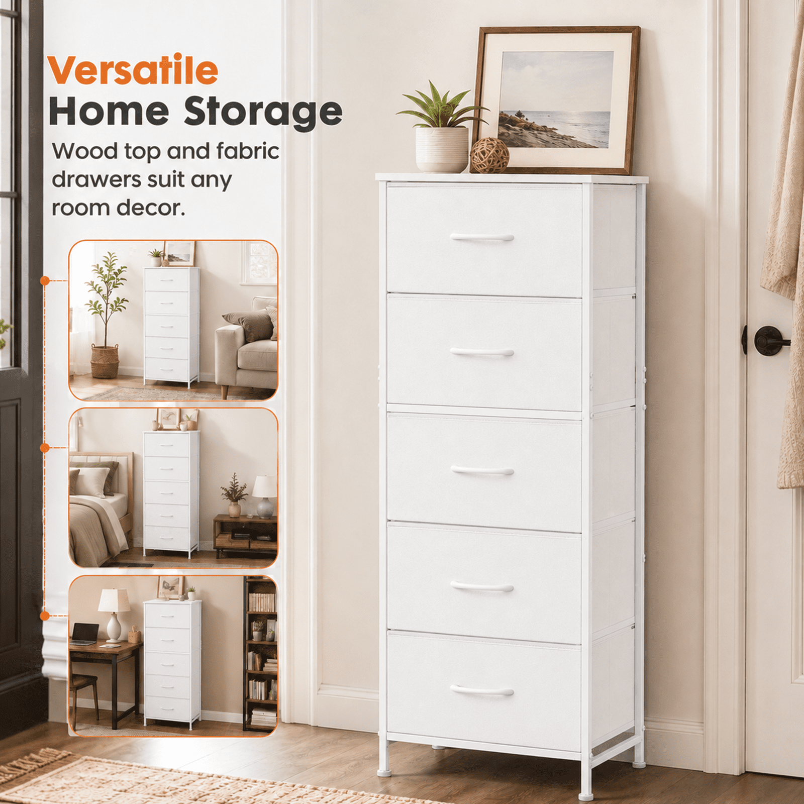 Alvantor Tall Dresser for Bedroom with 5 Drawers, Vertical End Table and Nightstand for Bedroom, Storage Organizer Chest of Drawers with Removable Fabric Bins