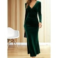 thumbnail image 2 of Womens Elegant Velvet Deep V Neck Wrap Hip Solid Long Sleeve Evening Party Cocktail Prom Gown Long Dress Dark Green S, 2 of 7