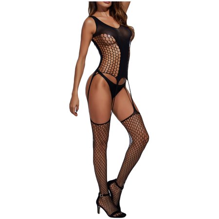 

Qcmgmg Women s Sleepwear Bodystockings Lingerie Bodysuit Open Crotch Fishnet Sexy Babydoll Free Size