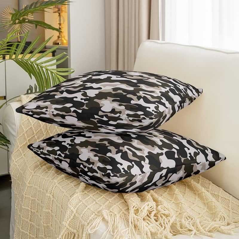 Set of 2 Camouflage Green Black Throw Pillow Covers, Camo Cushion Case for Home Living Room Decor, Reversible Military Style Decorative Throw Cushion Case, 20x20 Inches