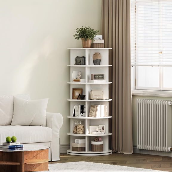 Soonbuy 6 Tier Rotating Shoe Rack Tower, Free Standing 360° Revolving Shoe Rack Storage Round Carousel,Vertical Handbag Rotate Shoes Closet Organization for Entryway Living Room Hallway, White