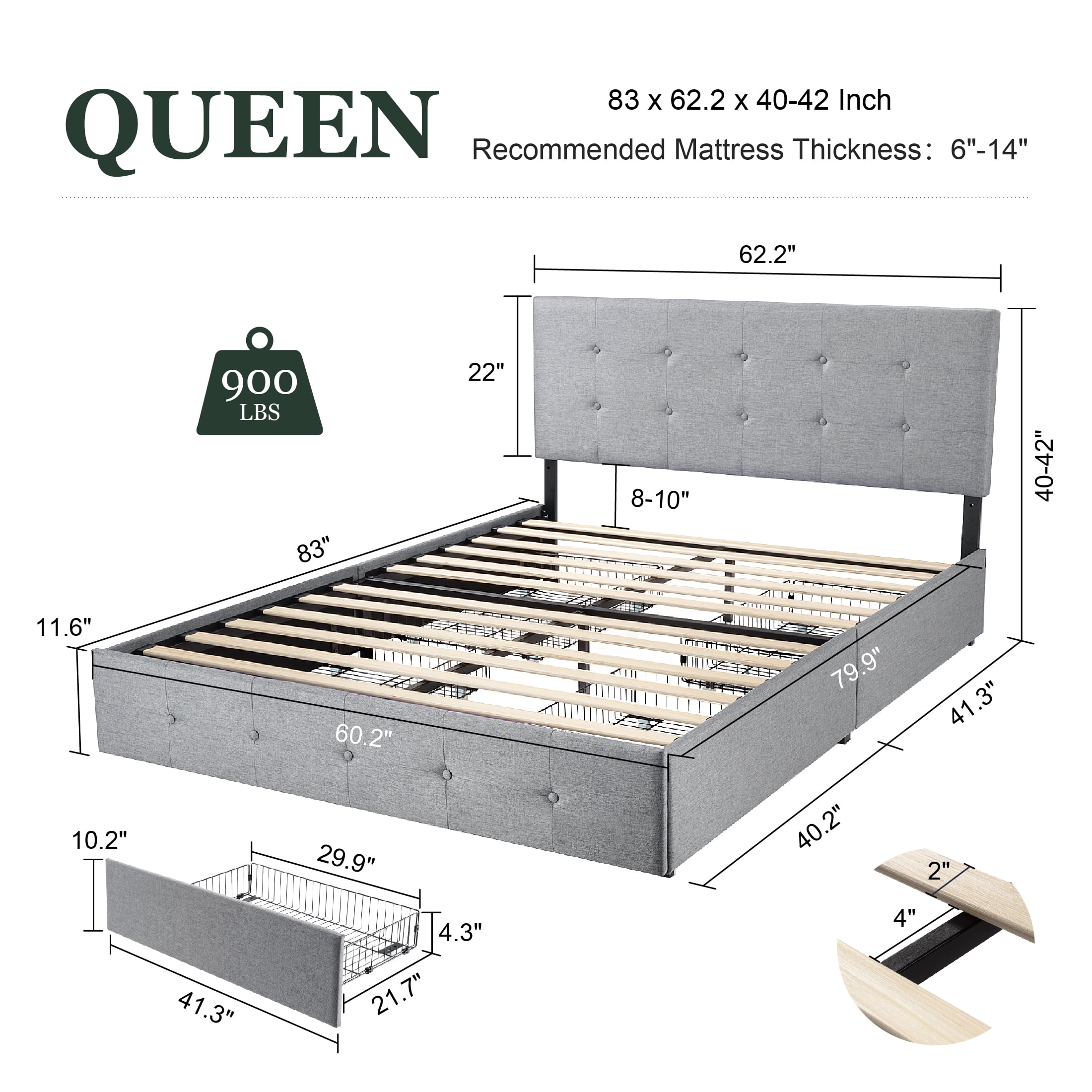 Amolife Queen Size Platform Bed Frame with Square-stitched