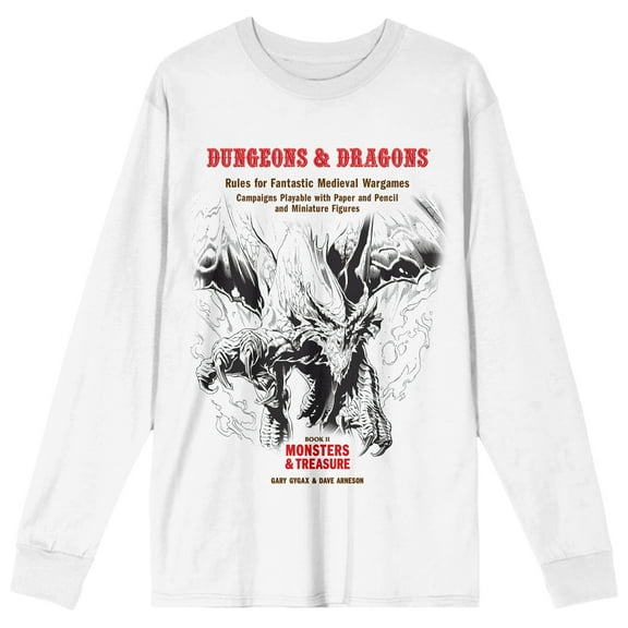 Dungeons & Dragons Monsters & Treasure Cover Art Crew Neck Long Sleeve White Adult Tee-Medium