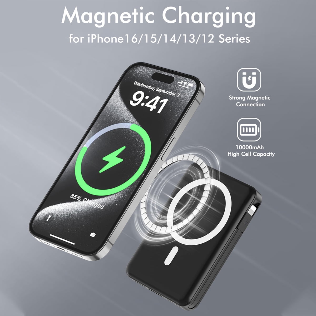 Podoru Wireless Portable Charger, 10000mAh Magnetic Power Bank Built-in USB C Lighting Cables 22.5W PD Fast Charging LED Display Mag-Safe Battery Pack for iPhone 15/14/13/12/Mini/Pro/Pro Max - Black
