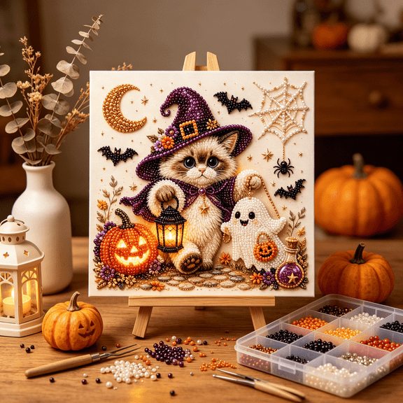 2026 New Halloween Pearl Diamond Painting Art Kit,DIY 3D Pearl Bead Painting Kit Complete Craft Supplies for Adults Beginner,Cute Diamond Painting Crafts,Halloween Decor for Home Wall Decor
