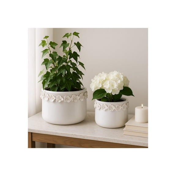Ceramic Flower Pots with Floral Border for Home Decor - Indoor and Outdoor Planter for Patio and Living Room Decor - Garden Pot Plant for Garden and Console Table - Set of 2, 7", 6", White