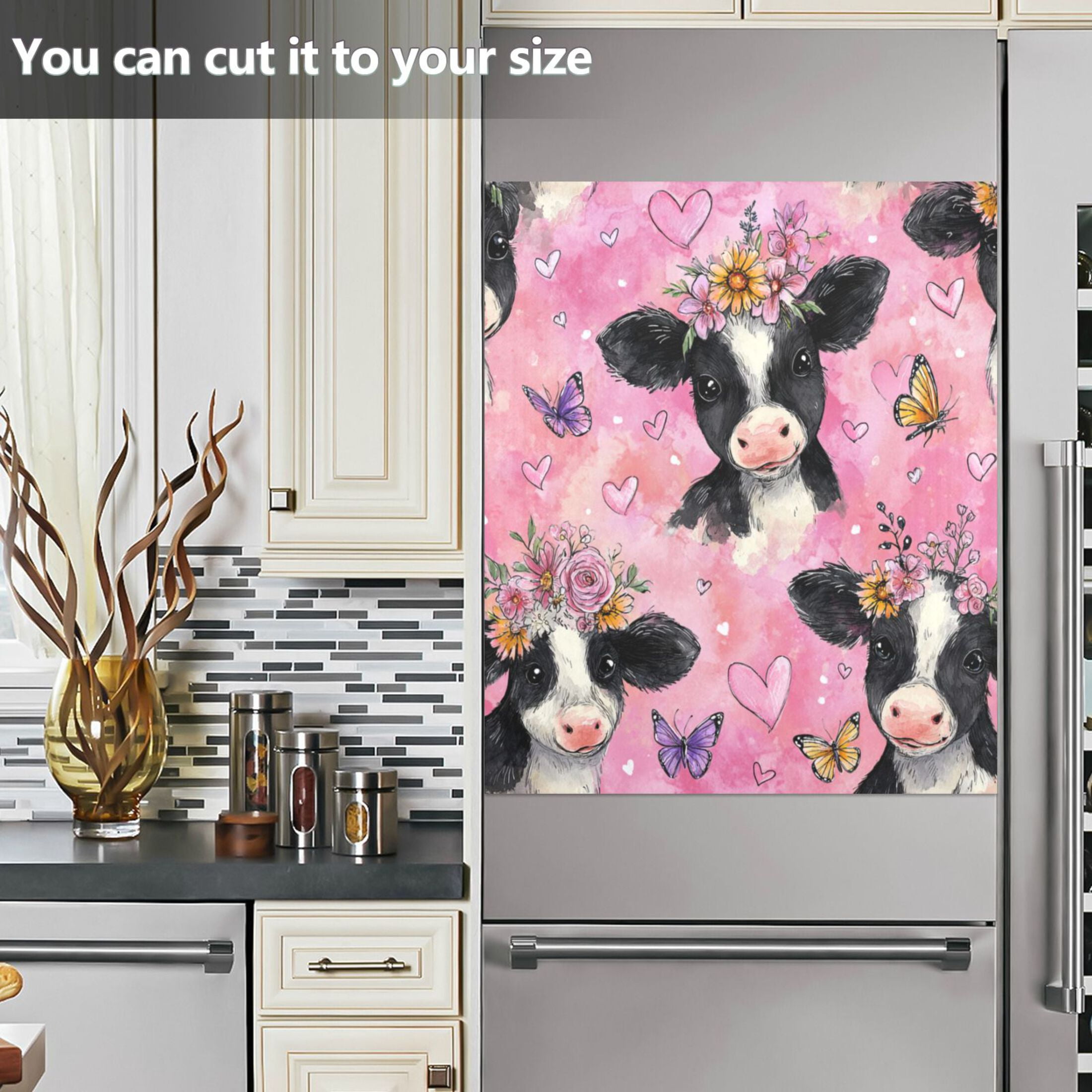 Dishwasher Magnetic Refrigerator Magnet Cover Sticker Home Decorative 23"x26" Cute Baby Cows with Flowers