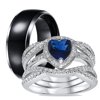 His and Hers 3 Piece Trio Sterling Silver Black Titanium Wedding Band Engagement Ring Set 11/5