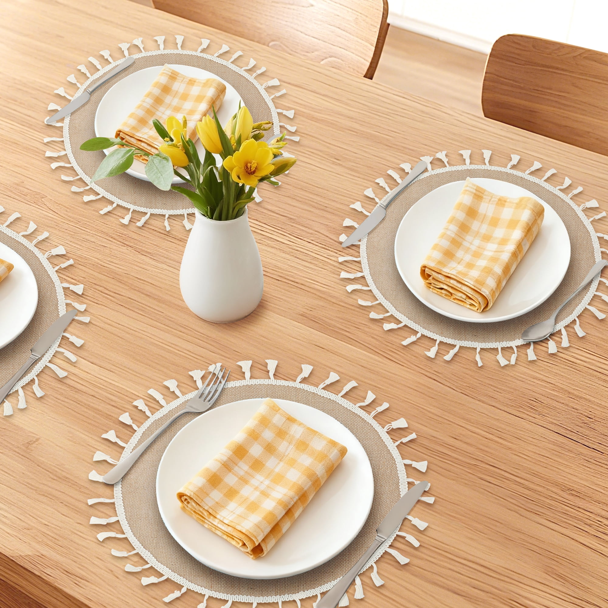 Unique Bargains Farmhouse Placemats 6pcs Round Placemats White Tassel 15"x15"
