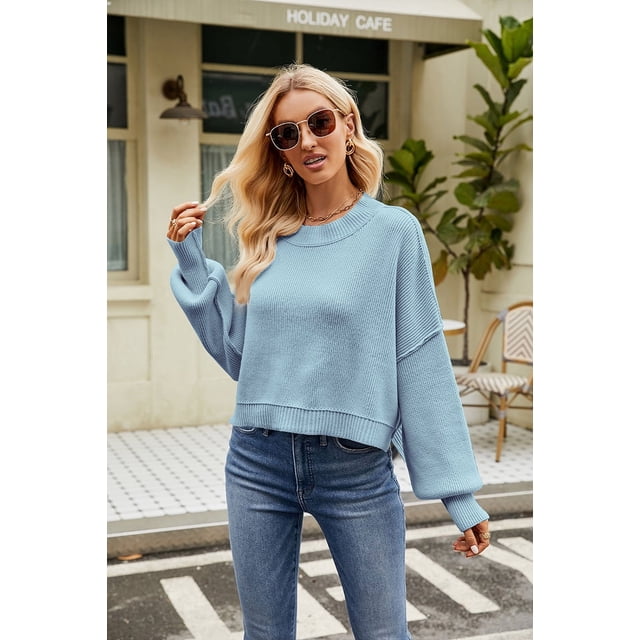 Suéteres de otoño para mujer de manga larga a rayas de gran tamaño suéteres de moda casual cuello redondo de punto Tops jerseyLight blueS