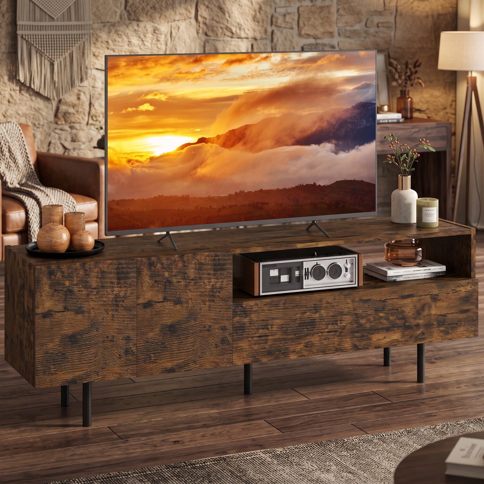 Furnibear 60 inch TV Stand for TVs up to 70 Inch with Storage Cabinet, Open Shelf and Raised Metal Legs, Rustic Farmhouse Entertainment Center Media, Rustic Brown
