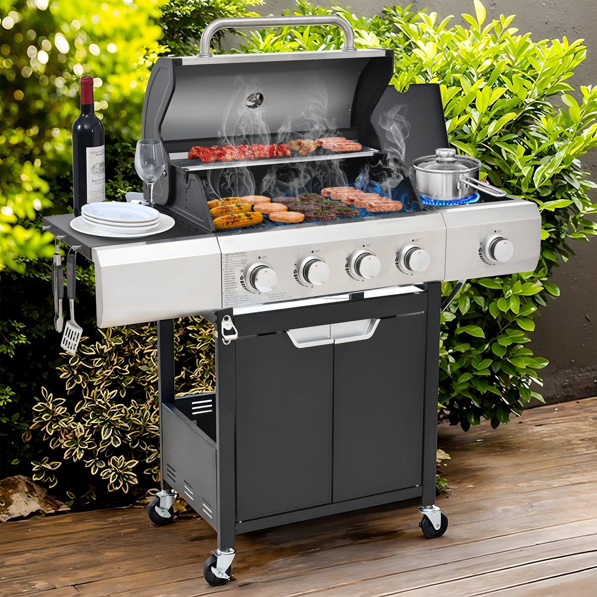 Syngar 4-Burner Propane Gas Grill – 51,000 BTU Stainless Steel Outdoor BBQ with Side Burner, 452 sq.in Cooking Area, Patio Cooker for Backyard Party & Family Gathering